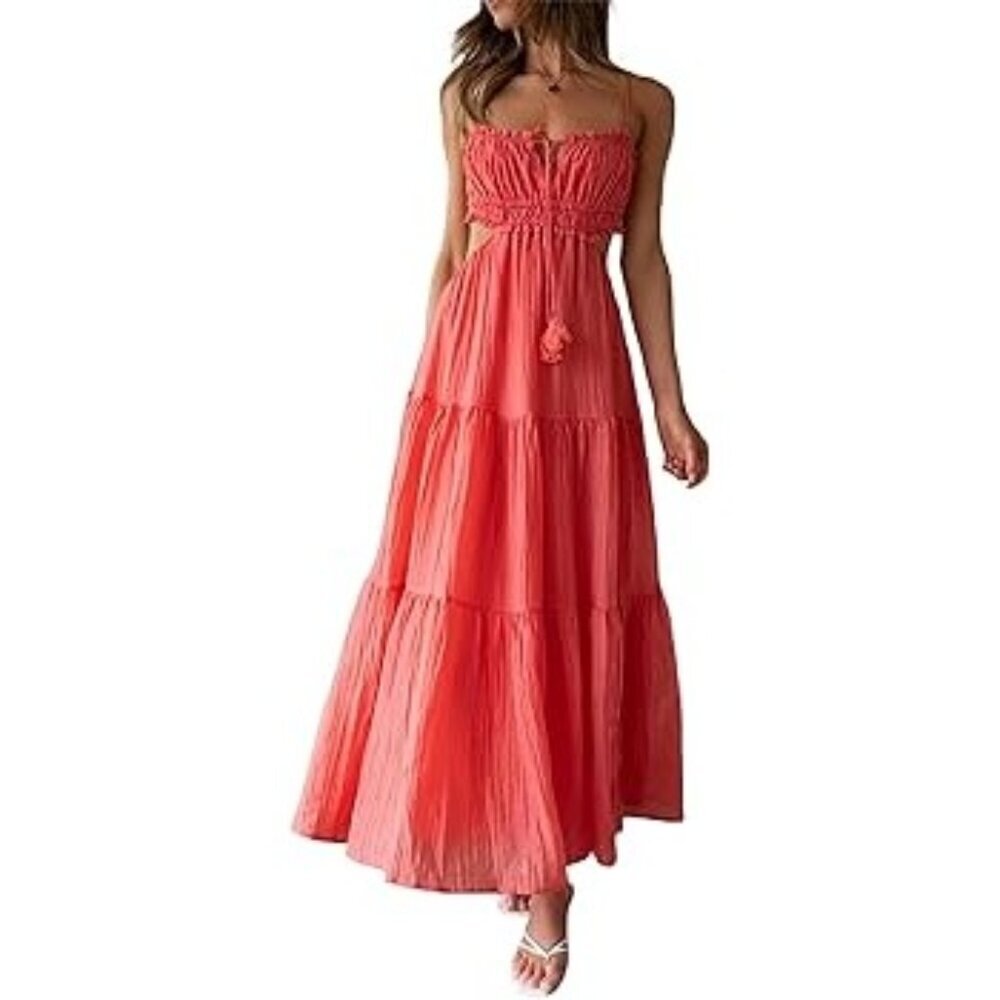 Boutique Coral Backless Layered‎ Tiered Maxi Dress S